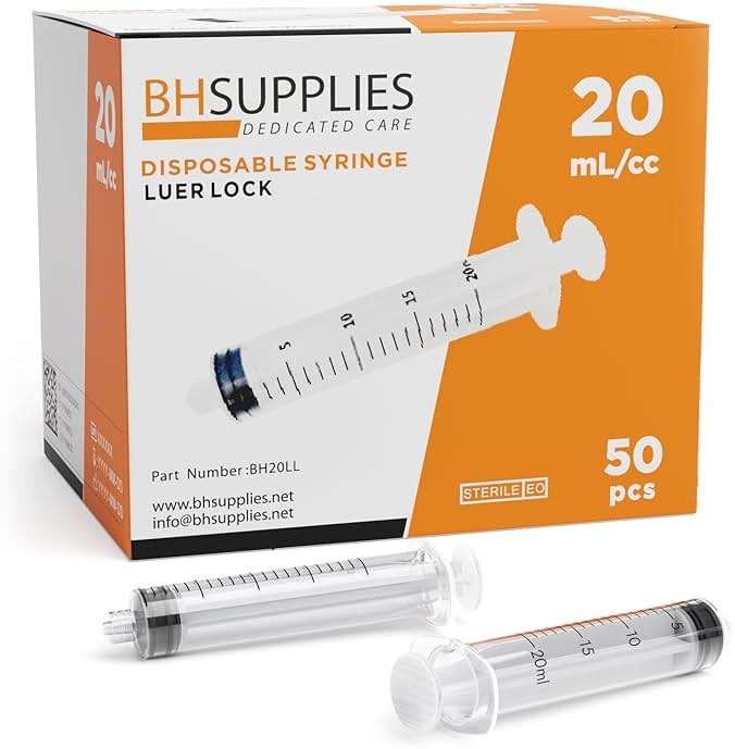 BH Supplies 20ml Luer Lock Tip Syringes (No Needle) - Sterile, Individually Wrapped - 50 Syringes - Image 1