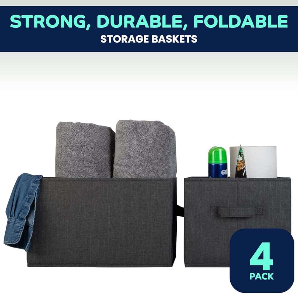 Pomatree Storage Baskets - 4 Pack - Sturdy Large Fabric Bins | Foldable Organizing Basket Bin for Home, Nursery, Closet & Shelves Organization | Storage Basket Cube Shelf Organizer (Black) - Image 4