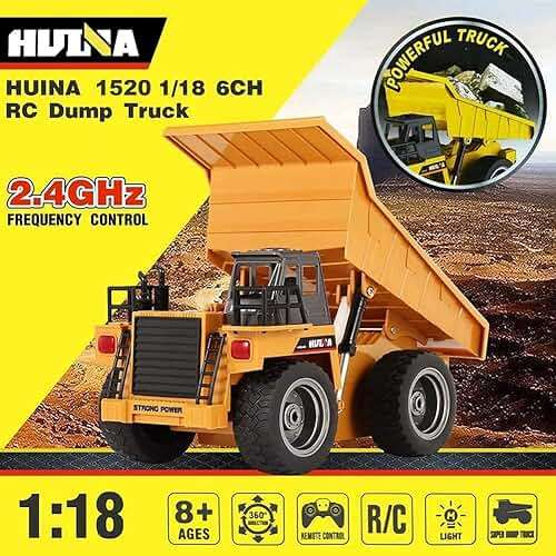 kkny Remote Control Construction Dump Truck Toy 2.4G RC 6 Channel Bulldozer 4 Wheel Driver Mine Construction Alloy Metal Vehicle Truck 1:18 with 2 Rechargeable Batteries for Boys Birthday Gift Age 6+ - Image 4