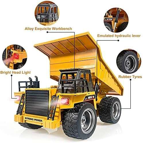 kkny Remote Control Construction Dump Truck Toy 2.4G RC 6 Channel Bulldozer 4 Wheel Driver Mine Construction Alloy Metal Vehicle Truck 1:18 with 2 Rechargeable Batteries for Boys Birthday Gift Age 6+ - Image 6