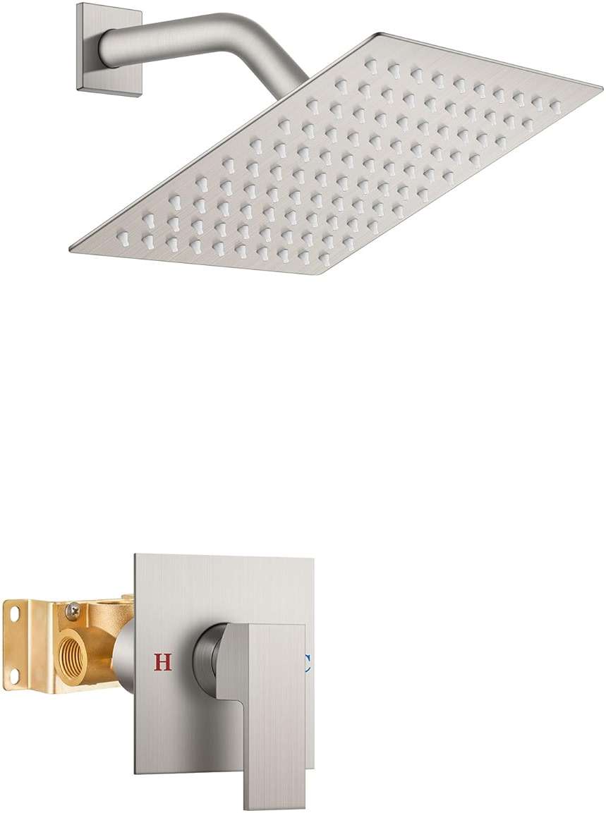 Airuida Shower Faucet Set Bathroom Rain Shower System 8 Inch Square Showerhead Single Function 1 Handle Trim Kit with Female Thread Rough-in Valve Cover Plate with H and C Labels Brushed Nickel - Image 1