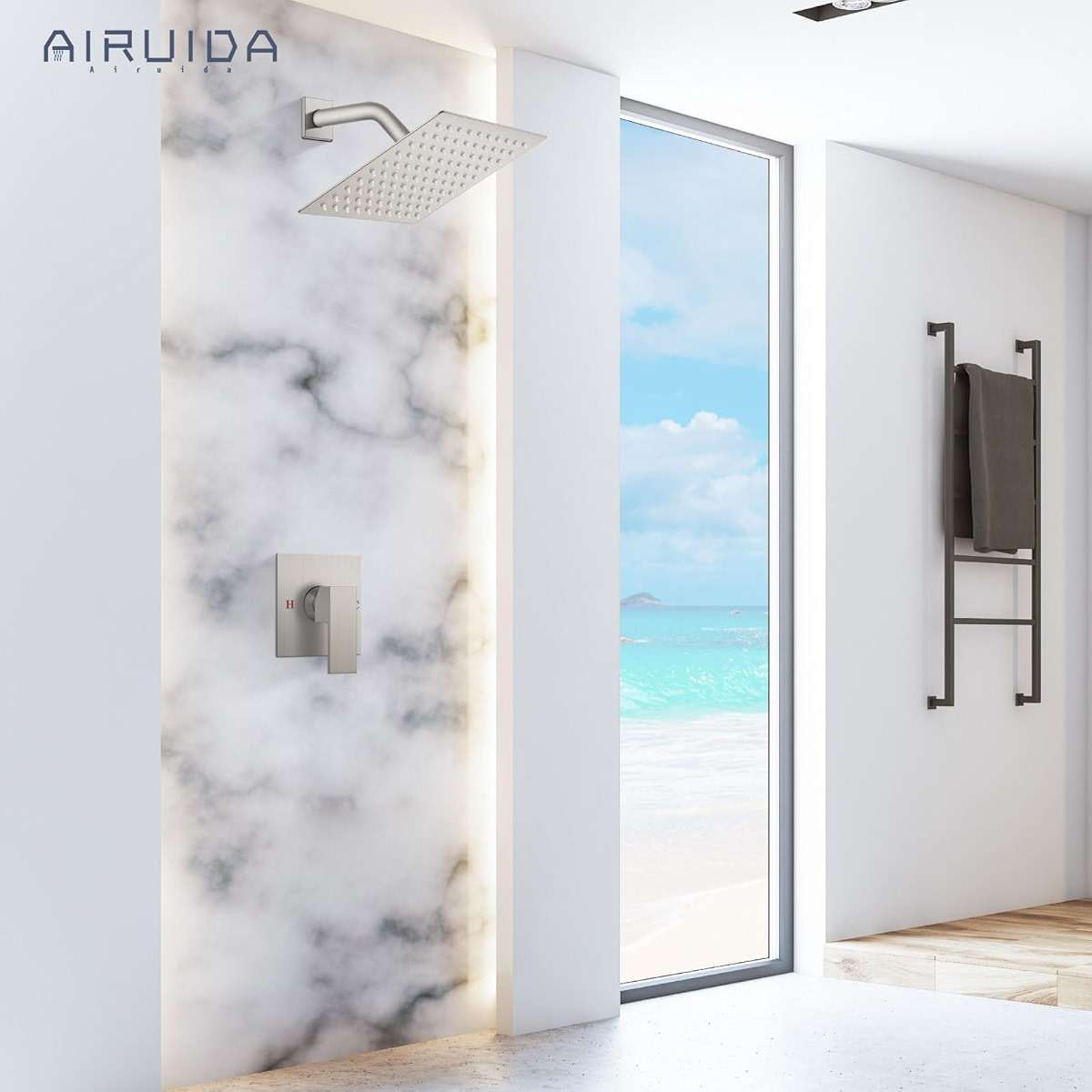 Airuida Shower Faucet Set Bathroom Rain Shower System 8 Inch Square Showerhead Single Function 1 Handle Trim Kit with Female Thread Rough-in Valve Cover Plate with H and C Labels Brushed Nickel - Image 2