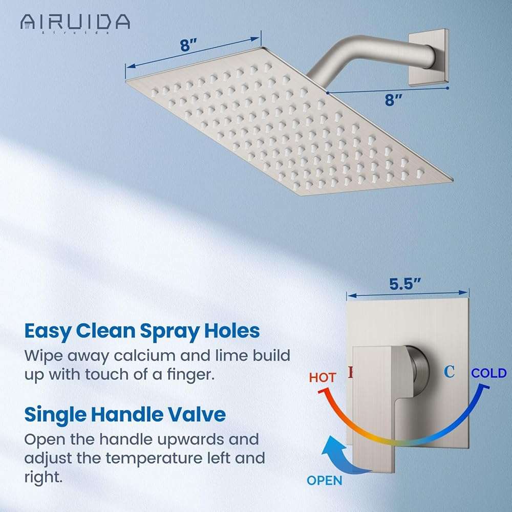 Airuida Shower Faucet Set Bathroom Rain Shower System 8 Inch Square Showerhead Single Function 1 Handle Trim Kit with Female Thread Rough-in Valve Cover Plate with H and C Labels Brushed Nickel - Image 3