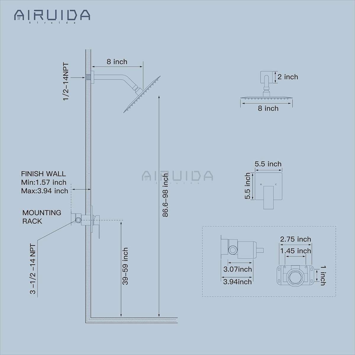 Airuida Shower Faucet Set Bathroom Rain Shower System 8 Inch Square Showerhead Single Function 1 Handle Trim Kit with Female Thread Rough-in Valve Cover Plate with H and C Labels Brushed Nickel - Image 6