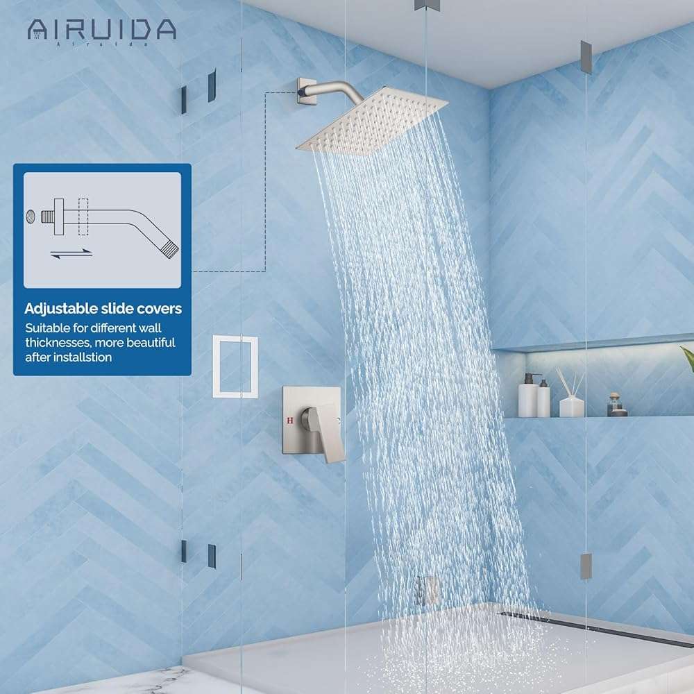 Airuida Shower Faucet Set Bathroom Rain Shower System 8 Inch Square Showerhead Single Function 1 Handle Trim Kit with Female Thread Rough-in Valve Cover Plate with H and C Labels Brushed Nickel - Image 7