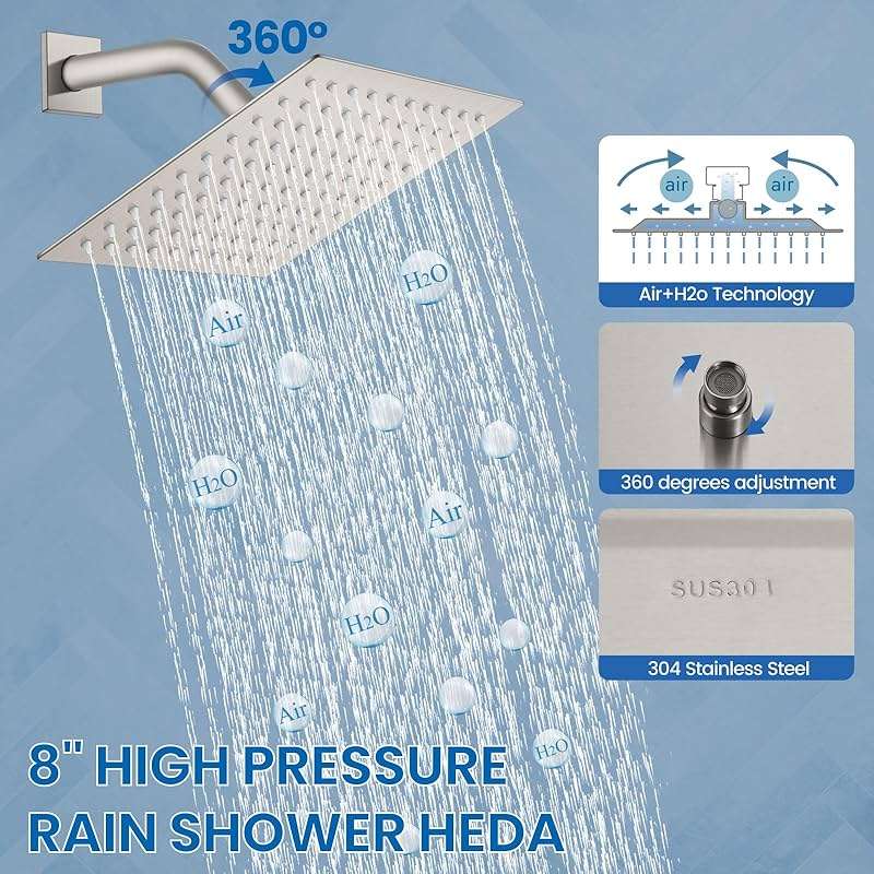 Airuida Shower Faucet Set Bathroom Rain Shower System 8 Inch Square Showerhead Single Function 1 Handle Trim Kit with Female Thread Rough-in Valve Cover Plate with H and C Labels Brushed Nickel - Image 8