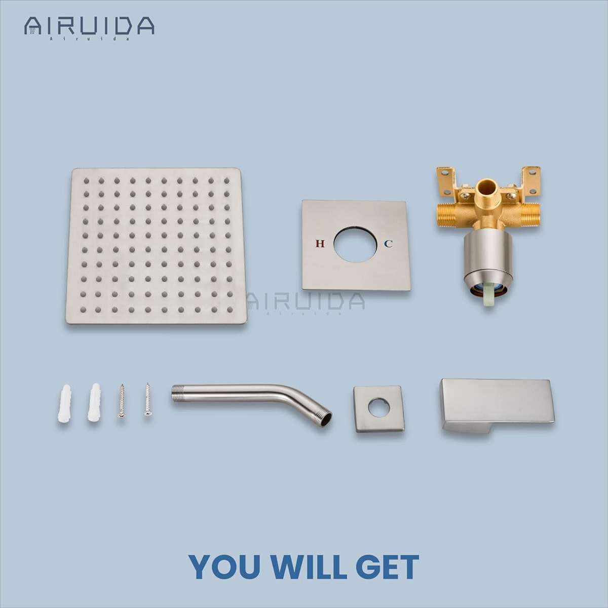 Airuida Shower Faucet Set Bathroom Rain Shower System 8 Inch Square Showerhead Single Function 1 Handle Trim Kit with Female Thread Rough-in Valve Cover Plate with H and C Labels Brushed Nickel - Image 9