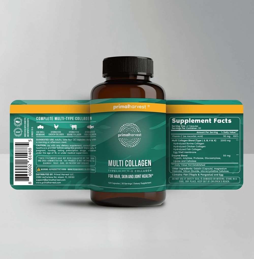 Primal Harvest Multi Collagen Pills for Women and Men (Type I, II, III, V, X) 120 Capsules w/Vitamin C for Hair, Skin, Nails - Image 2