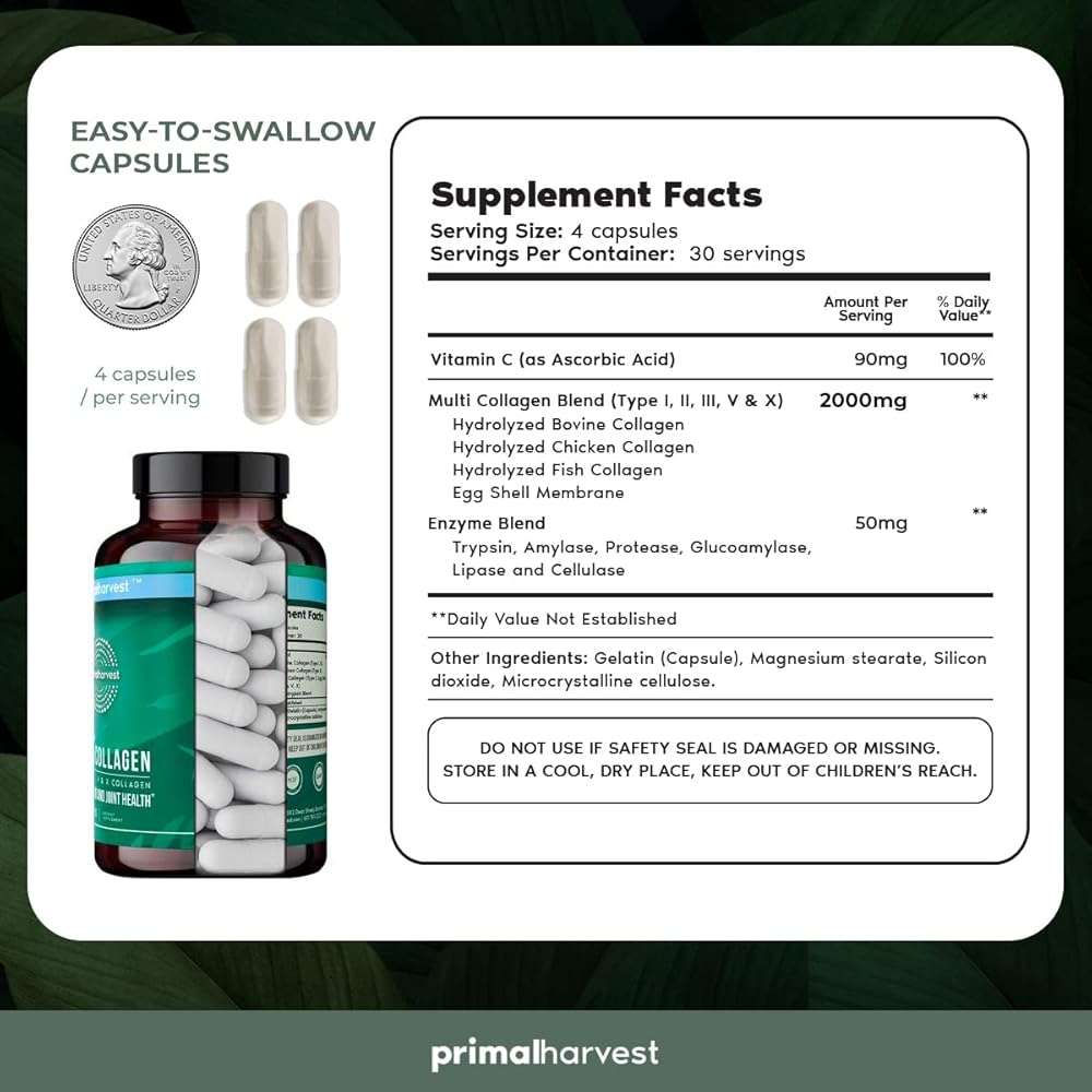 Primal Harvest Multi Collagen Pills for Women and Men (Type I, II, III, V, X) 120 Capsules w/Vitamin C for Hair, Skin, Nails - Image 3