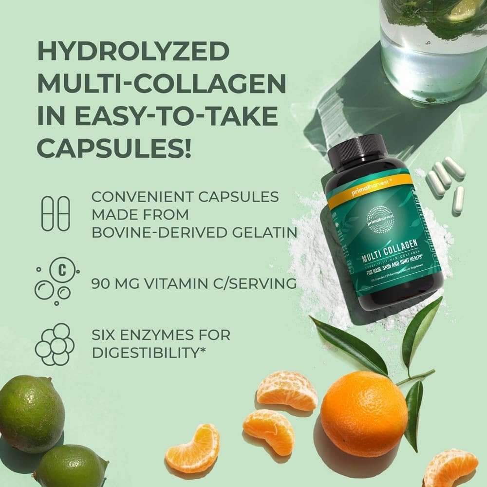 Primal Harvest Multi Collagen Pills for Women and Men (Type I, II, III, V, X) 120 Capsules w/Vitamin C for Hair, Skin, Nails - Image 5