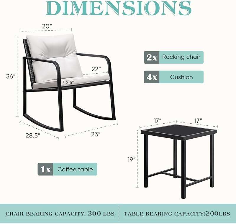 Greesum 3 Pieces Rocking Wicker Bistro Set, Patio Outdoor Furniture Conversation Sets with Porch Chairs and Glass Coffee Table, Beige - Image 2