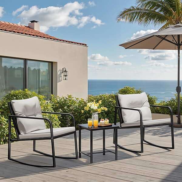 Greesum 3 Pieces Rocking Wicker Bistro Set, Patio Outdoor Furniture Conversation Sets with Porch Chairs and Glass Coffee Table, Beige - Image 3