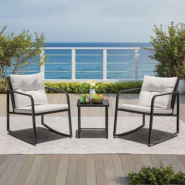 Greesum 3 Pieces Rocking Wicker Bistro Set, Patio Outdoor Furniture Conversation Sets with Porch Chairs and Glass Coffee Table, Beige - Image 4