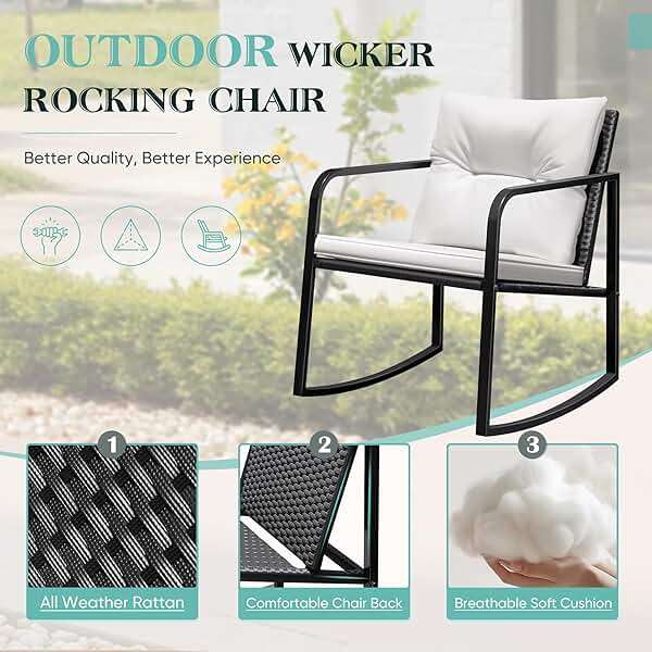 Greesum 3 Pieces Rocking Wicker Bistro Set, Patio Outdoor Furniture Conversation Sets with Porch Chairs and Glass Coffee Table, Beige - Image 6