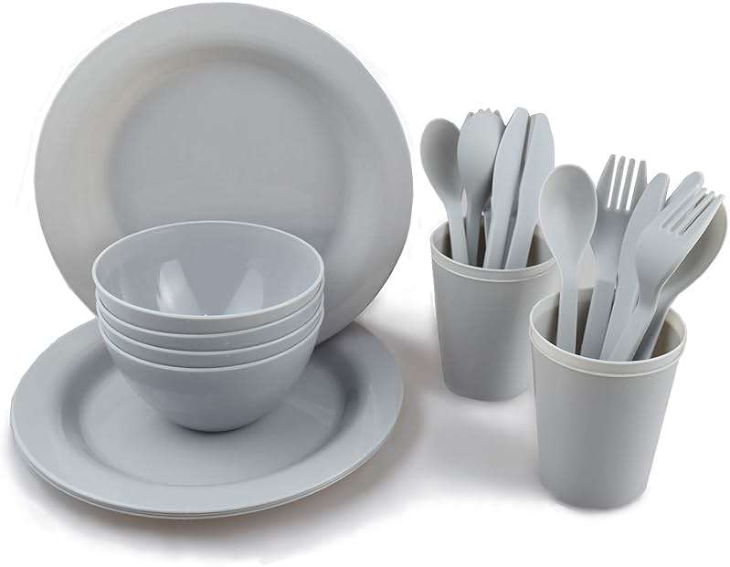 Plastic Plates and Bowls Sets,College Dorm Room Essentials Dishes Set Camping Plates,Dinnerware Accessories Mess Kit-Microwaveoven Safe BPA-Free with Mesh Bag-24PCS - Image 1