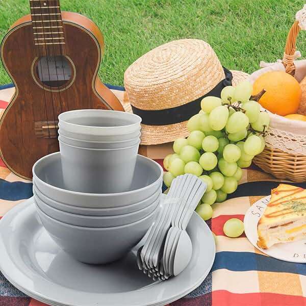Plastic Plates and Bowls Sets,College Dorm Room Essentials Dishes Set Camping Plates,Dinnerware Accessories Mess Kit-Microwaveoven Safe BPA-Free with Mesh Bag-24PCS - Image 6