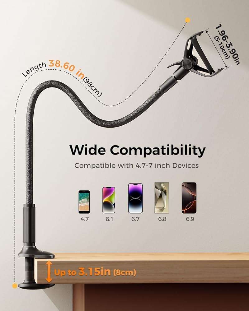 SAIJI Gooseneck Phone Holder for Bed Overall Length 38.6” Flexible Leather Wrapped Arm Overhead Cell Phone Mount Stand with 360° Adjustable Clamp Clip, Compatible with All 4-7” Cellphones (Black) - Image 5