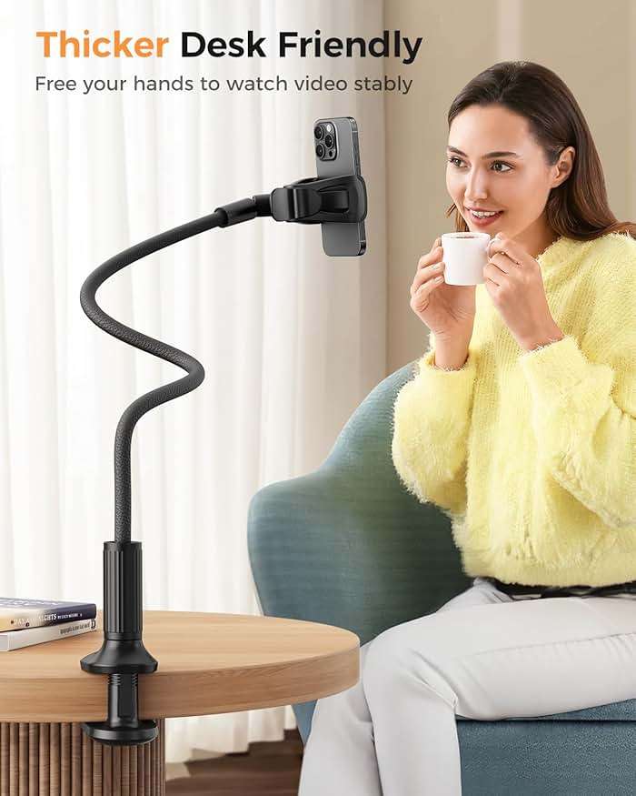 SAIJI Gooseneck Phone Holder for Bed Overall Length 38.6” Flexible Leather Wrapped Arm Overhead Cell Phone Mount Stand with 360° Adjustable Clamp Clip, Compatible with All 4-7” Cellphones (Black) - Image 6