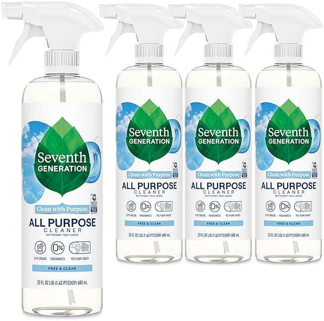 Seventh Generation All Purpose Cleaner, Free & Clear, 23 oz, Pack of 4, Plant-Based Cleaning Spray, Cuts Grease & Grime, No Fragrance or VOCs, Safe for Kids & Pets, Works on Glass, Sealed Wood & More - Image 1