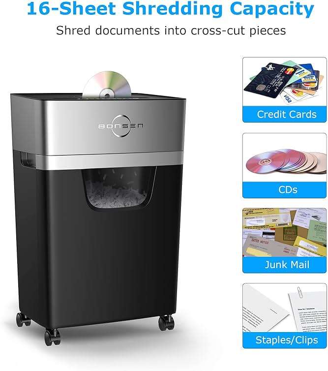 BONSEN 16-Sheet Heavy Duty Paper Shredder for Office, 60-Minute Running Time Cross-Cut CD Shredder with 60dB Low-Noise, 5.3-Gallon Pull Out Bin, Anti-Jam & Quiet Shredder for Home Office (S3102) - Image 3