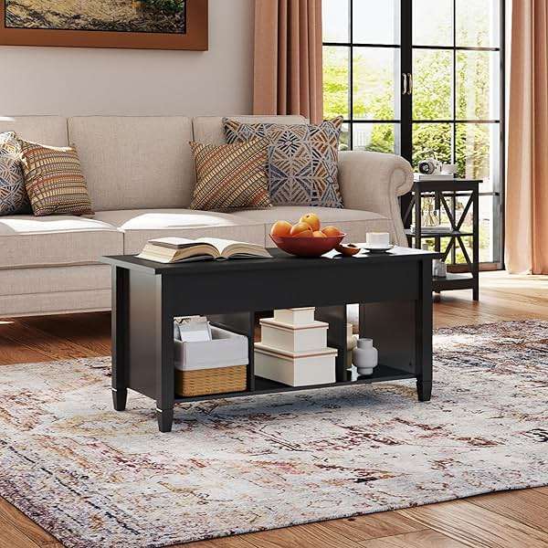 Yaheetech Coffee Table, Lift Top Coffee Table w/Hidden Storage Compartment & Lower 3 Cube Open Shelves, Lift Tabletop Center Tables for Living Room/Reception Room/Office, Black - Image 2