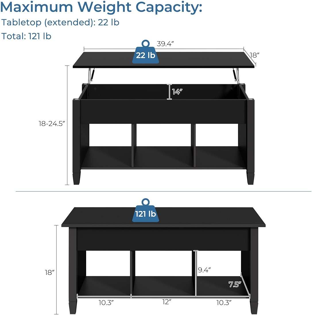 Yaheetech Coffee Table, Lift Top Coffee Table w/Hidden Storage Compartment & Lower 3 Cube Open Shelves, Lift Tabletop Center Tables for Living Room/Reception Room/Office, Black - Image 3