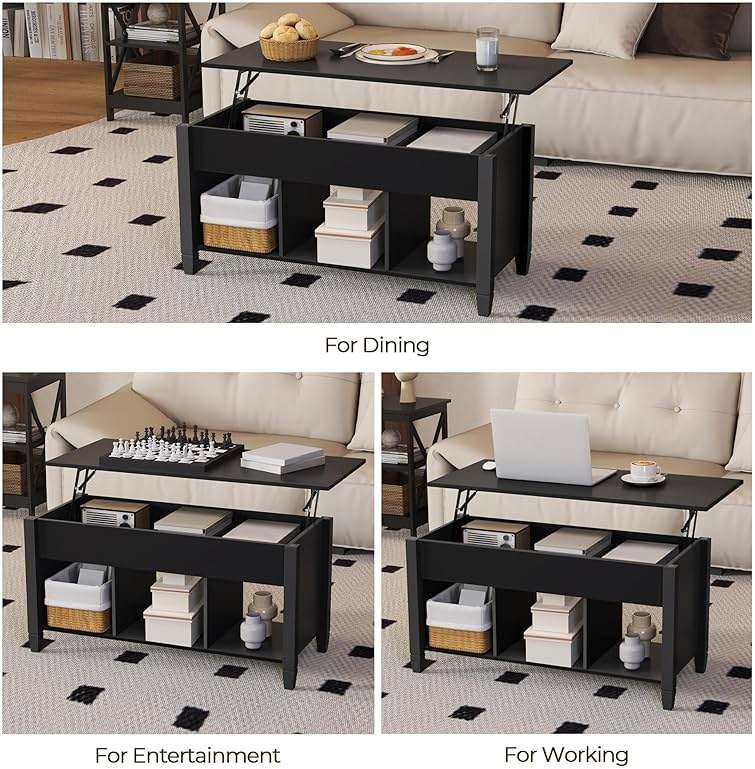 Yaheetech Coffee Table, Lift Top Coffee Table w/Hidden Storage Compartment & Lower 3 Cube Open Shelves, Lift Tabletop Center Tables for Living Room/Reception Room/Office, Black - Image 4