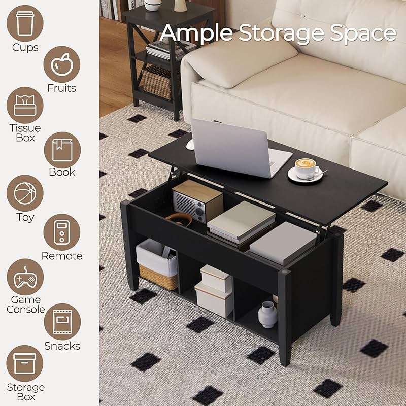 Yaheetech Coffee Table, Lift Top Coffee Table w/Hidden Storage Compartment & Lower 3 Cube Open Shelves, Lift Tabletop Center Tables for Living Room/Reception Room/Office, Black - Image 5