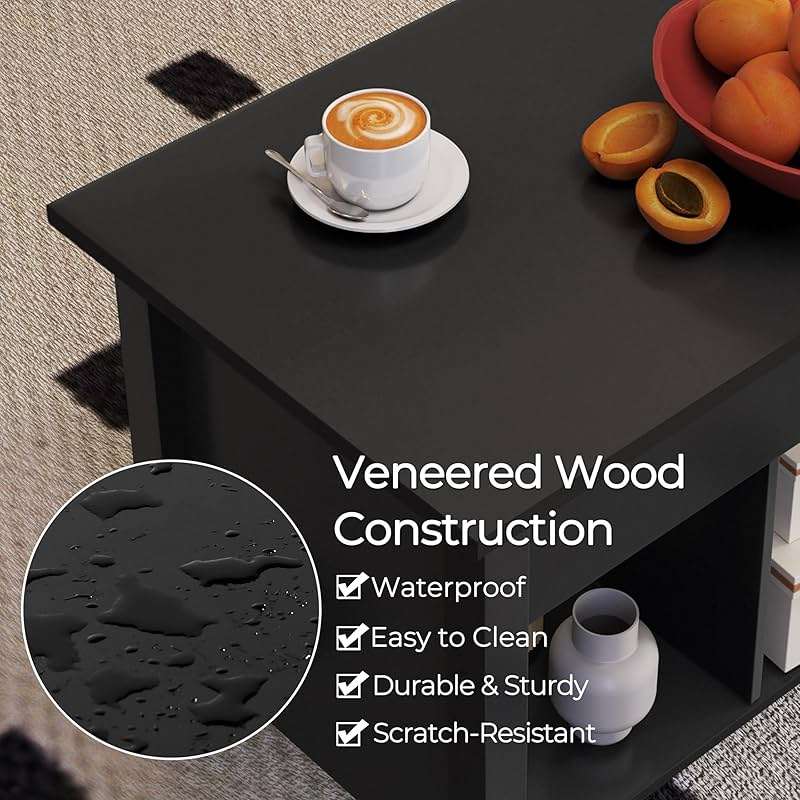 Yaheetech Coffee Table, Lift Top Coffee Table w/Hidden Storage Compartment & Lower 3 Cube Open Shelves, Lift Tabletop Center Tables for Living Room/Reception Room/Office, Black - Image 7
