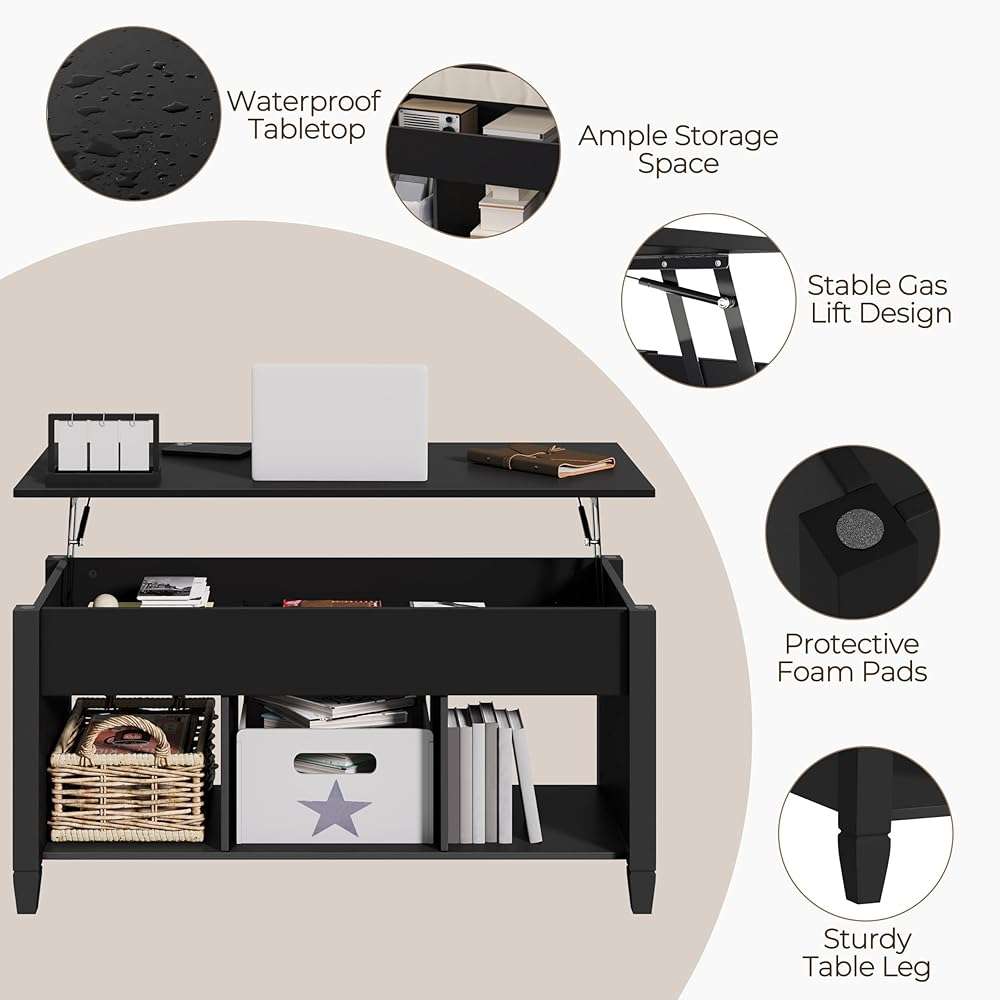 Yaheetech Coffee Table, Lift Top Coffee Table w/Hidden Storage Compartment & Lower 3 Cube Open Shelves, Lift Tabletop Center Tables for Living Room/Reception Room/Office, Black - Image 9