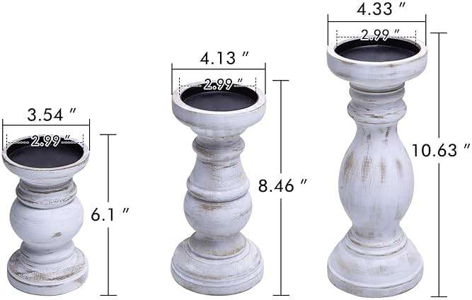 NIKKY HOME Farmhouse Wood Pillar Candle Holders Set of 3, Distressed White | Rustic Solid Wooden Candle Stands, Whitewash Decorative Pillar Base for Mantels, Fireplaces, Centerpieces Tables, Weddings - Image 3