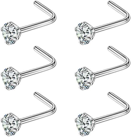FANSING 316L Surgical Steel Nose Rings L Shape Diamond Nose Studs Hypoallergenic Nostril Piercing Jewelry CZ Nose Screw for Women & Men, Clear/AB/Black, 1.5/2.0/2.5/3.0/4.0mm, 22/20/18 Gauge - Image 1