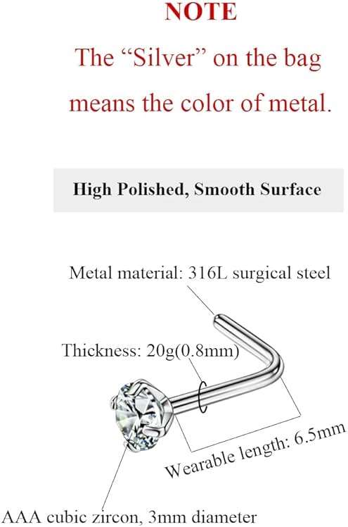 FANSING 316L Surgical Steel Nose Rings L Shape Diamond Nose Studs Hypoallergenic Nostril Piercing Jewelry CZ Nose Screw for Women & Men, Clear/AB/Black, 1.5/2.0/2.5/3.0/4.0mm, 22/20/18 Gauge - Image 2