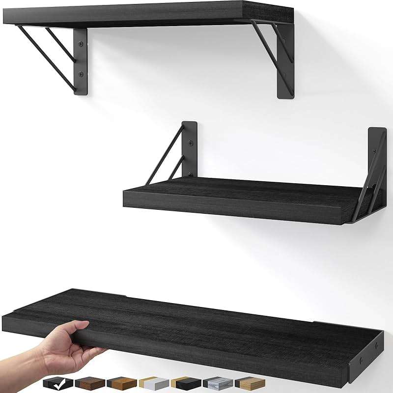 BAYKA Wall Mounted Floating Bathroom Shelves, Wood Floating Wall Shelf for Bathroom Essentials & Decor, Small Space-Saving Display & Organizer（Black，Set of 3） - Image 1