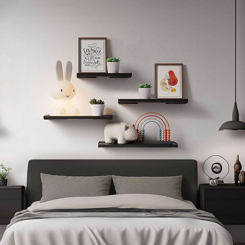 BAYKA Wall Mounted Floating Bathroom Shelves, Wood Floating Wall Shelf for Bathroom Essentials & Decor, Small Space-Saving Display & Organizer（Black，Set of 3） - Image 2