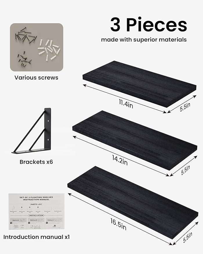BAYKA Wall Mounted Floating Bathroom Shelves, Wood Floating Wall Shelf for Bathroom Essentials & Decor, Small Space-Saving Display & Organizer（Black，Set of 3） - Image 3