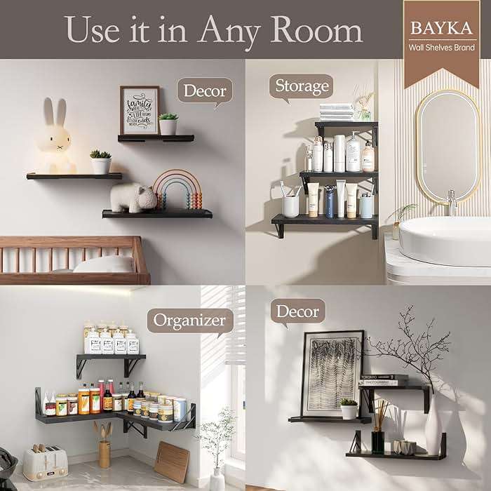 BAYKA Wall Mounted Floating Bathroom Shelves, Wood Floating Wall Shelf for Bathroom Essentials & Decor, Small Space-Saving Display & Organizer（Black，Set of 3） - Image 4