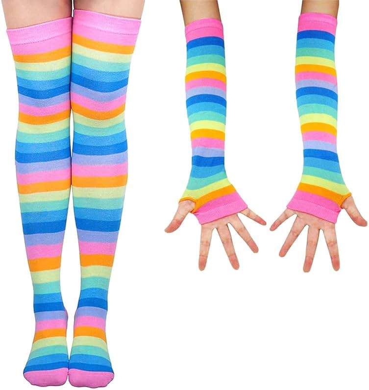 SherryDC Womens Girls Cosplay Rainbow Striped Knee High Socks Leg Arm Warmer Fingerless Gloves Set - Image 3