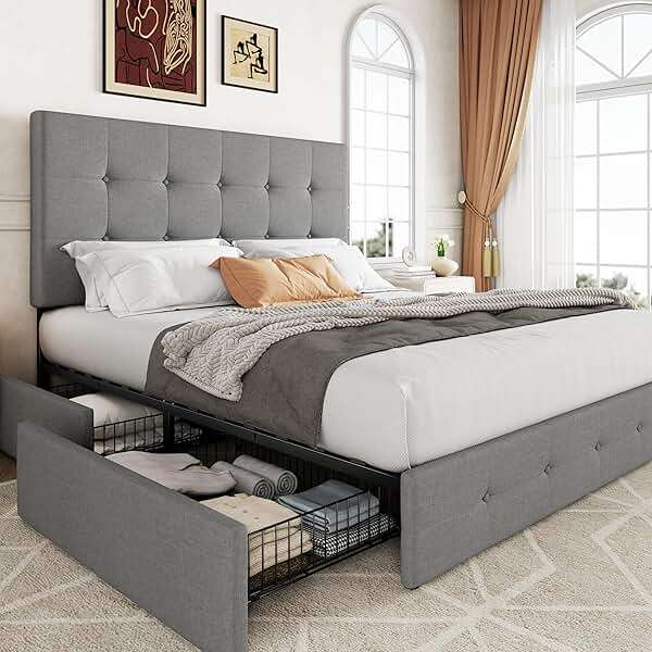 Allewie Upholstered Queen Size Platform Bed Frame with 4 Storage Drawers and Headboard, Square Stitched Button Tufted, Mattress Foundation with Wooden Slats Support, No Box Spring Needed, Light Grey - Image 1
