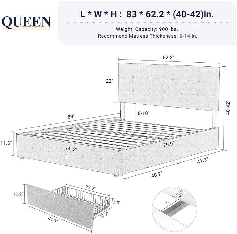 Allewie Upholstered Queen Size Platform Bed Frame with 4 Storage Drawers and Headboard, Square Stitched Button Tufted, Mattress Foundation with Wooden Slats Support, No Box Spring Needed, Light Grey - Image 2
