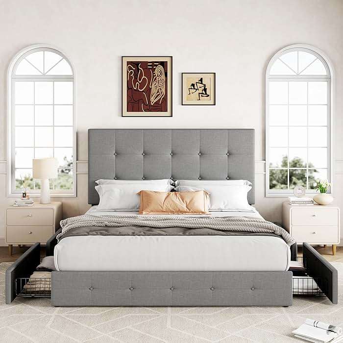 Allewie Upholstered Queen Size Platform Bed Frame with 4 Storage Drawers and Headboard, Square Stitched Button Tufted, Mattress Foundation with Wooden Slats Support, No Box Spring Needed, Light Grey - Image 3