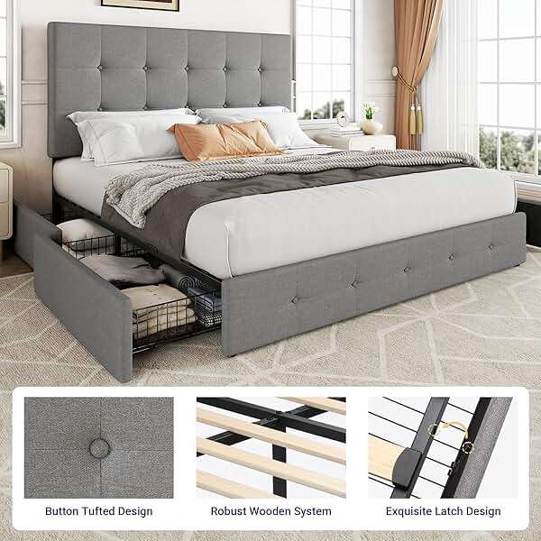 Allewie Upholstered Queen Size Platform Bed Frame with 4 Storage Drawers and Headboard, Square Stitched Button Tufted, Mattress Foundation with Wooden Slats Support, No Box Spring Needed, Light Grey - Image 6