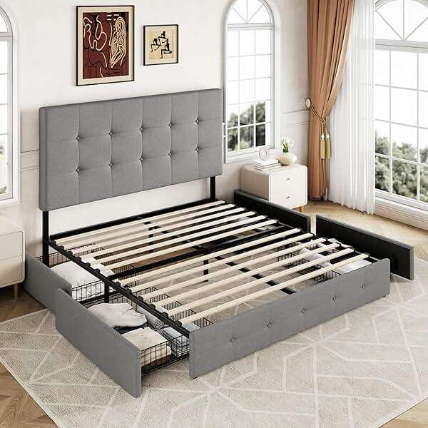 Allewie Upholstered Queen Size Platform Bed Frame with 4 Storage Drawers and Headboard, Square Stitched Button Tufted, Mattress Foundation with Wooden Slats Support, No Box Spring Needed, Light Grey - Image 8