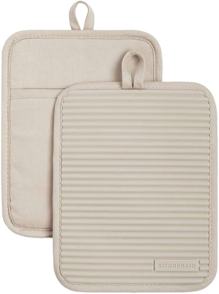 KitchenAid Ribbed Soft Silicone Pot Holder 2-Pack Set, Milkshake Tan, 7"x9" - Image 1