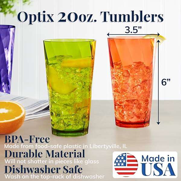 US Acrylic Optix Plastic Reusable Drinking Glasses (Set of 8) 20oz Water Cups in Jewel Tone Colors | BPA-Free Tumblers, Made in USA | Top-Rack Dishwasher Safe - Image 3