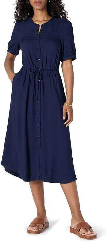 Amazon Essentials Women's Fit and Flare Half-Sleeve Waisted Midi A-Line Dress with Pockets - Image 1