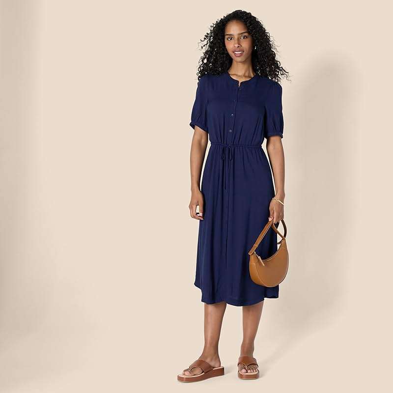 Amazon Essentials Women's Fit and Flare Half-Sleeve Waisted Midi A-Line Dress with Pockets - Image 5