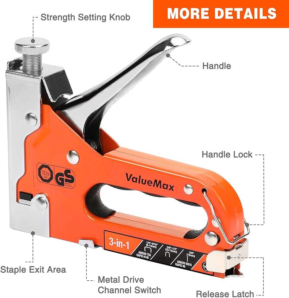 ValueMax Staple Gun, Heavy Duty 3-in-1 Manual Nail Gun with 3000 Staples, Upholstery Stapler for Wood, Furniture, Carpet, Carpentry, DIY, Wire, Decoration, Craft, Fixing Material, Decoration - Image 4