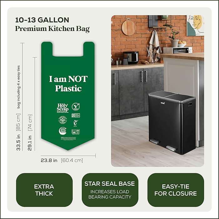 HOLY SCRAP! Large Compostable Trash Bags - 10-13 Gallon, 50 Pack, 100% Plastic-Free Decomposing Easy-Tie Trash Can Bags & Liners, Thick Kitchen, Bathroom & Backyard Bin Bags for Food & Green Waste - Image 2