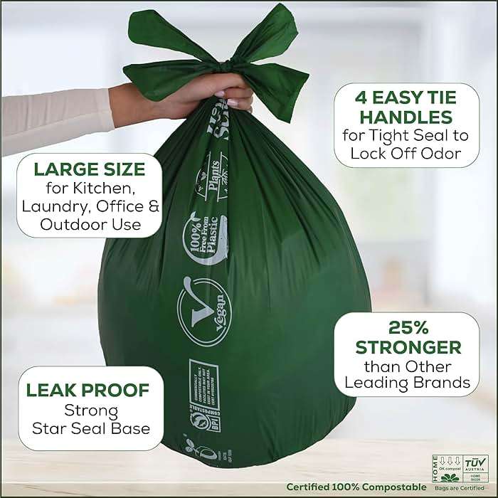 HOLY SCRAP! Large Compostable Trash Bags - 10-13 Gallon, 50 Pack, 100% Plastic-Free Decomposing Easy-Tie Trash Can Bags & Liners, Thick Kitchen, Bathroom & Backyard Bin Bags for Food & Green Waste - Image 3
